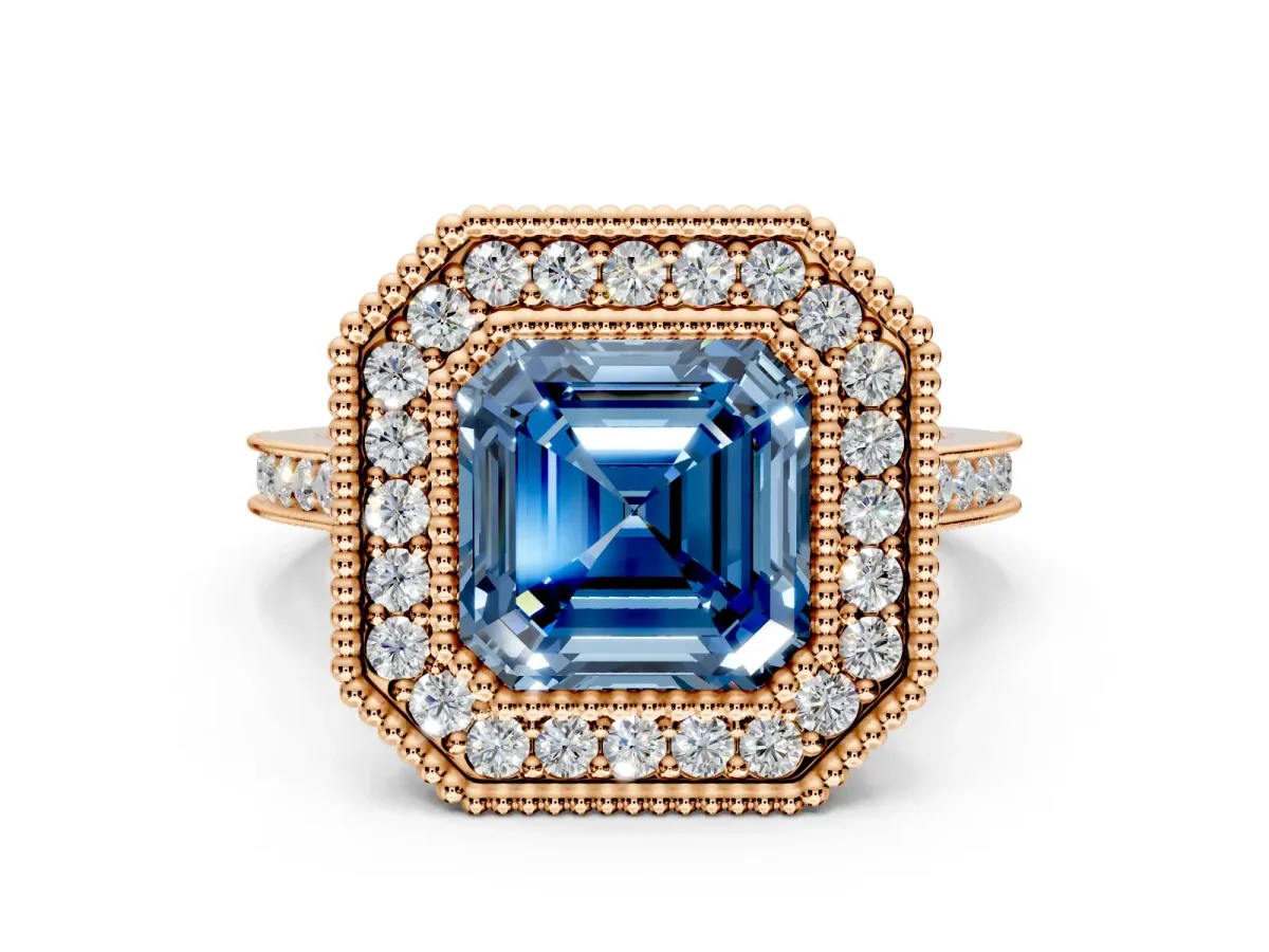 Halo Engagement Ring Setting for Fancy Blue Asscher Cut Center with Milgrain Frame, Pave Band and Prong Head in Rose Gold