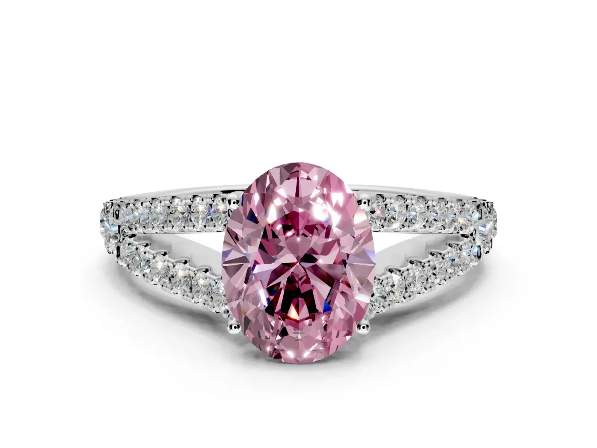 Solitaire Engagement Ring Setting for Fancy Pink Oval Center with Pave Split Shank and Prong Head in Sterling Silver