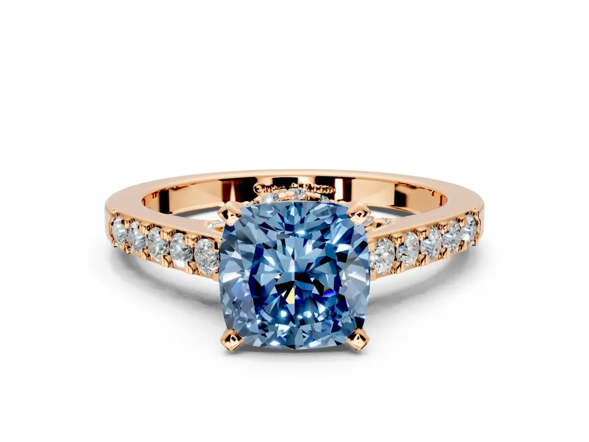 Solitaire Engagement Ring Setting for Fancy Blue Cushion Cut Center with Crossover Accents and Prong Head in Rose Gold