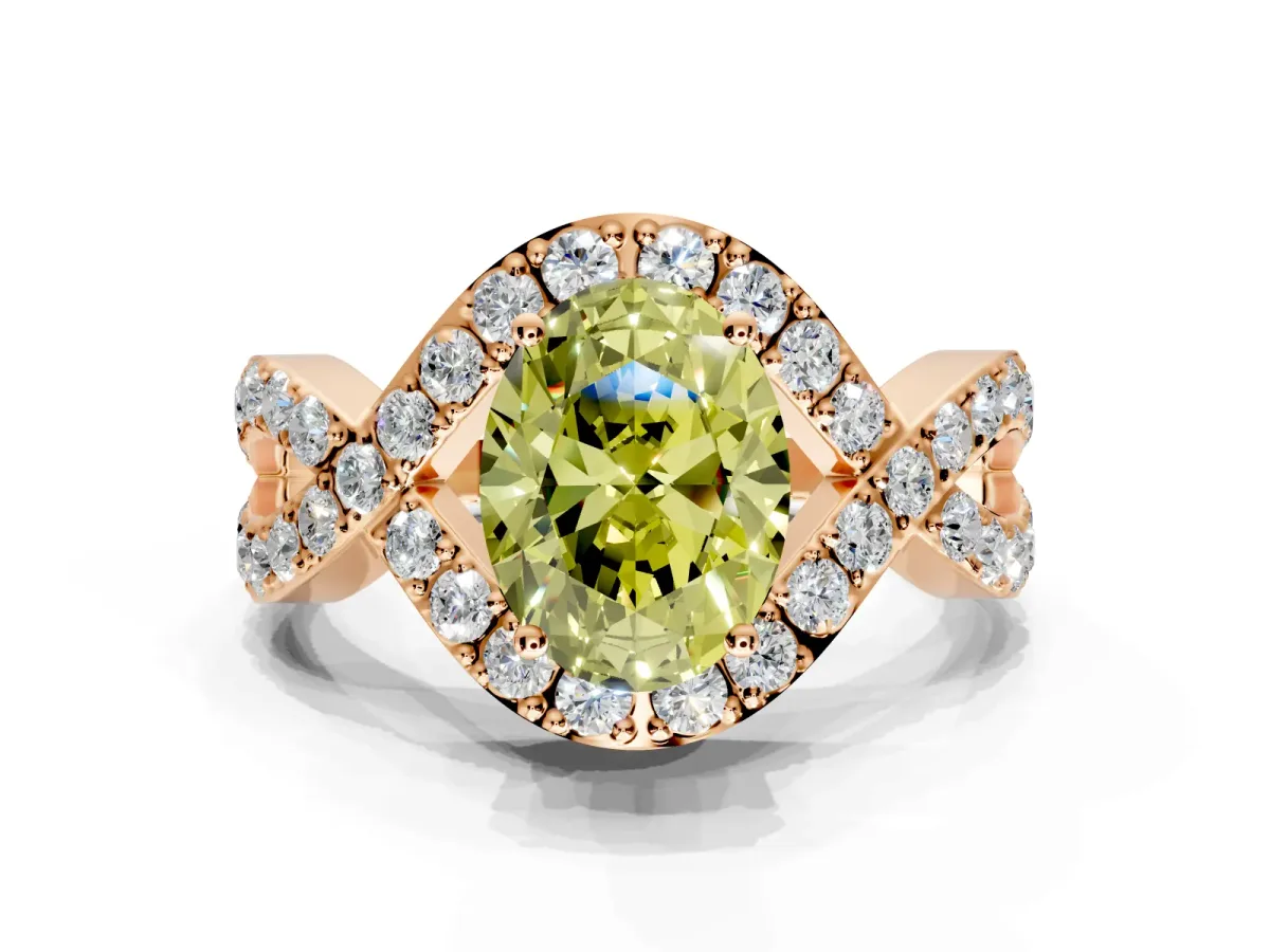 Halo Engagement Ring Setting for Fancy Yellow Oval Center with Pave Infinity Twist Band and Prong Head in Rose Gold