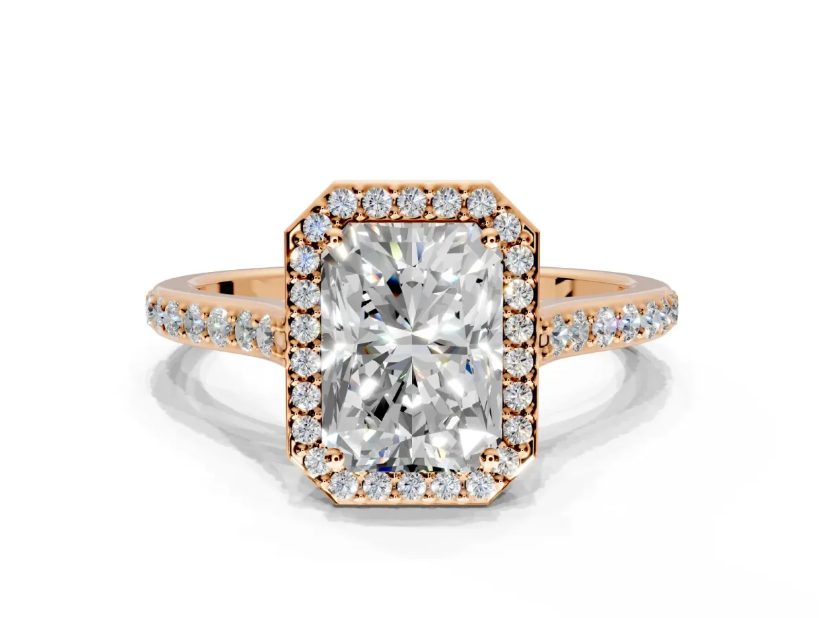 Halo Engagement Ring Setting for Radiant Cut Center with Pave Accents, Heart Basket and Prong Head in Rose Gold