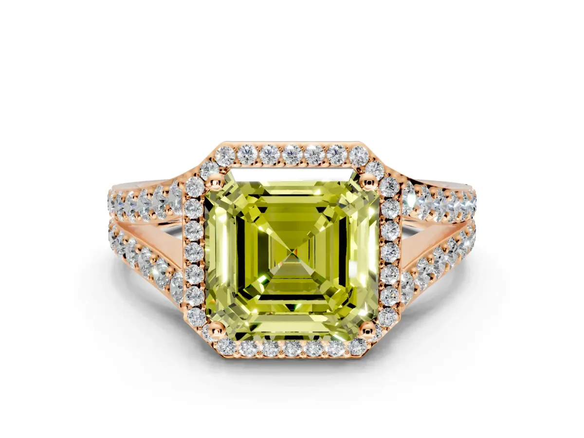 Halo Engagement Ring Setting for Fancy Yellow Asscher Cut Center with Narrow Pave Split Shank and Prong Head in Rose Gold