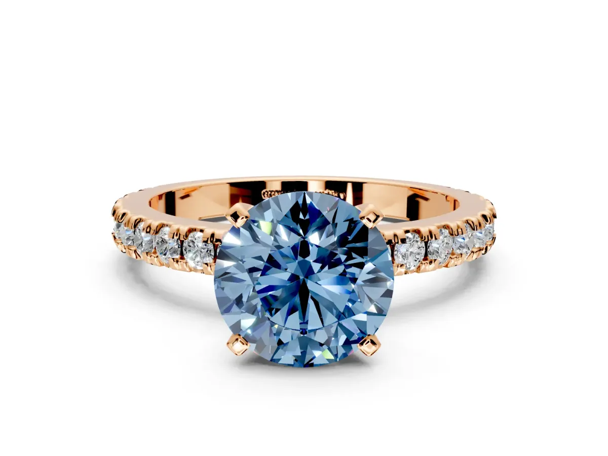 Solitaire Engagement Ring Setting for Fancy Blue Round Cut Center with Fine Pave Band and Claw Prong Head in Rose Gold