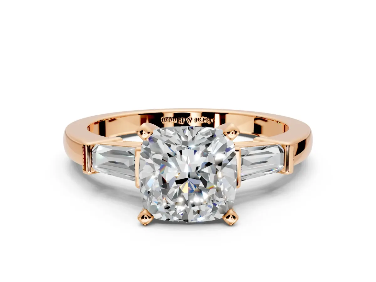 3 Stone Engagement Ring Setting for Cushion Cut Center with Channel Baguette Accents and Prong Head in Rose Gold
