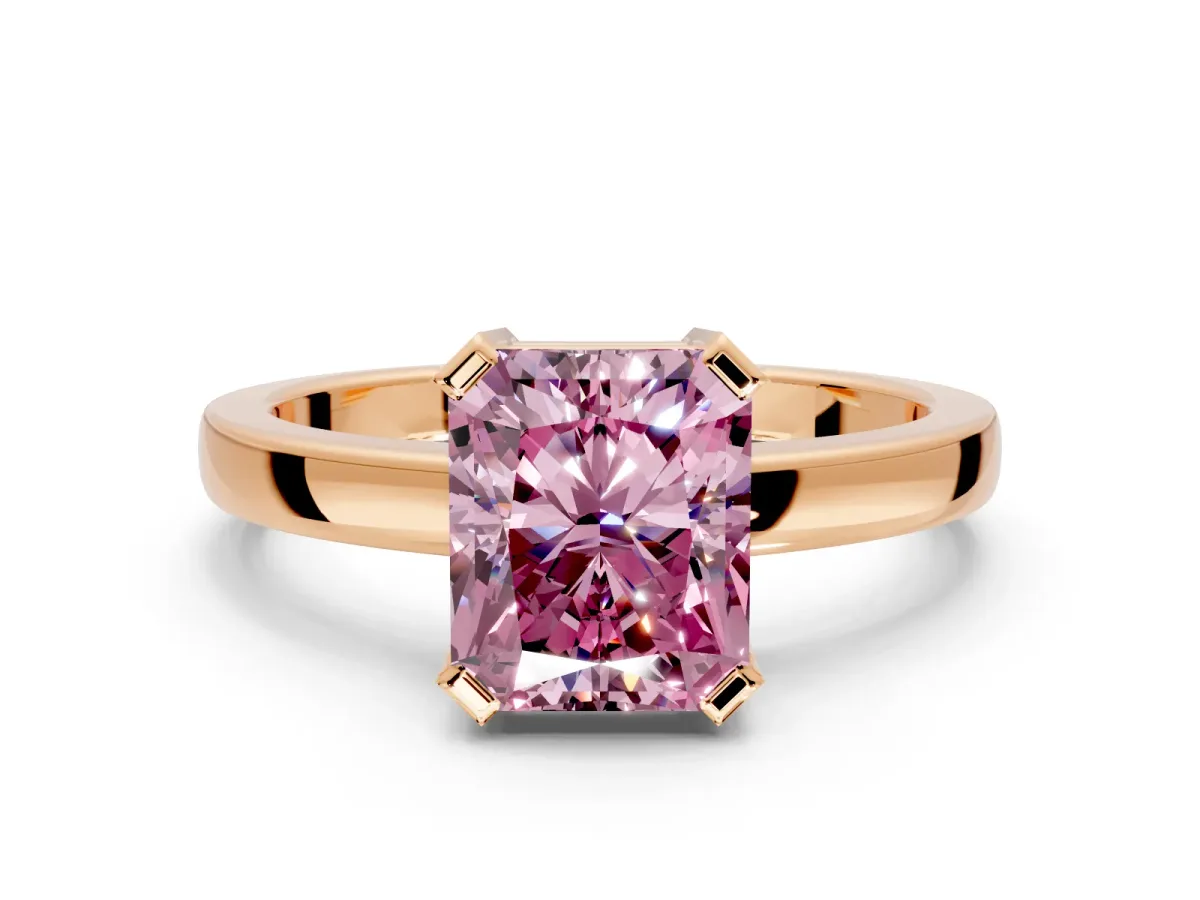 Solitaire Engagement Ring Setting for Fancy Pink Radiant Cut Center with Plain Band and Flat Tab Prong Head in Rose Gold