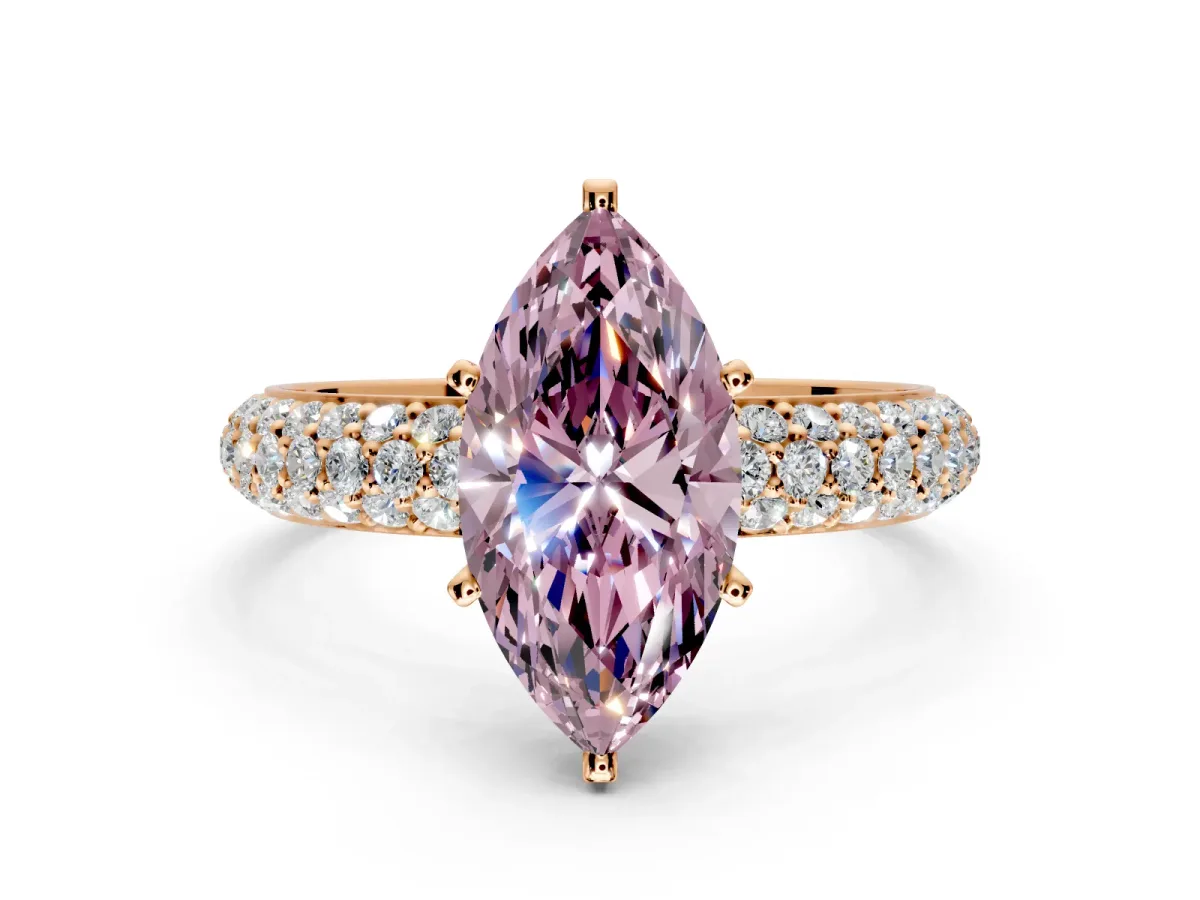 Solitaire Engagement Ring Setting for Fancy Pink Marquise Center with Domed Multi-Row Pave Band and Prong Head in Rose Gold
