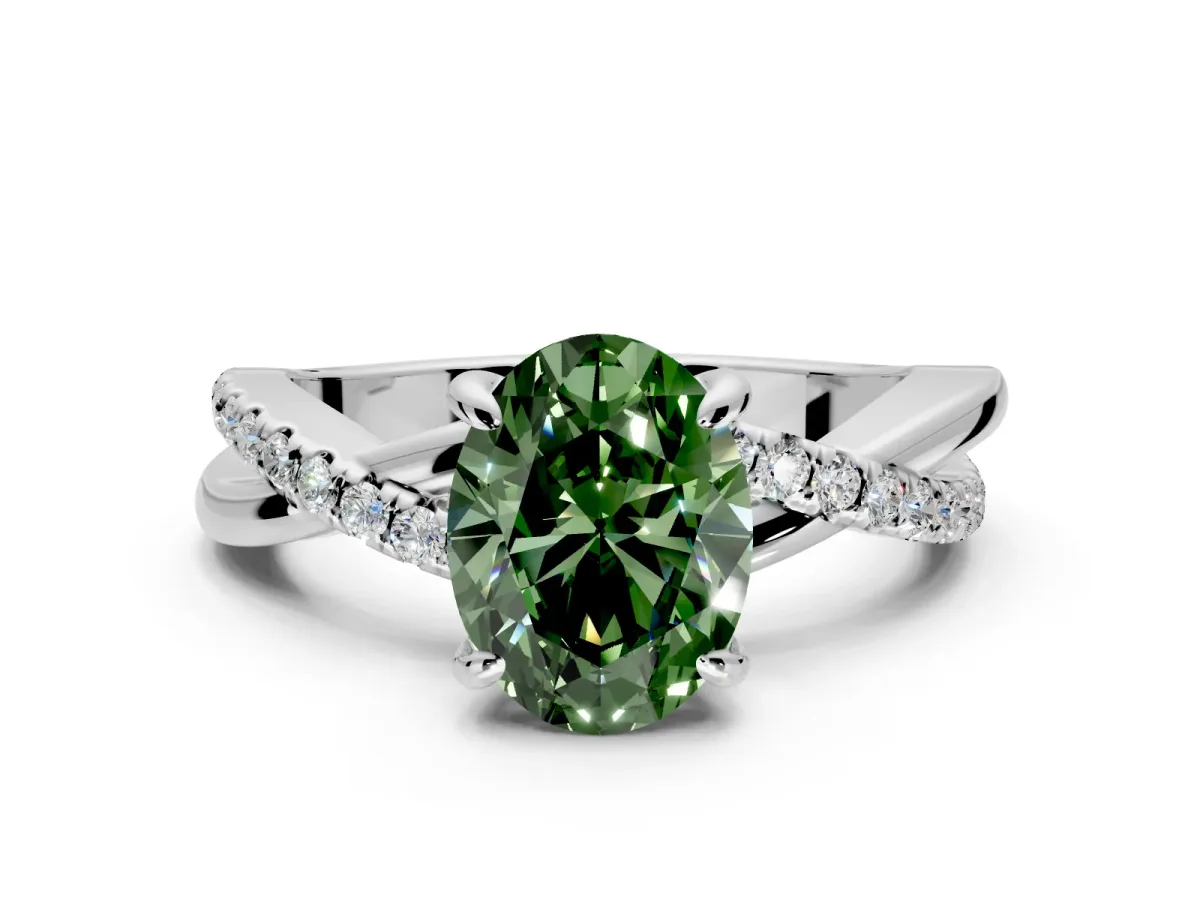 Solitaire Engagement Ring Setting for Fancy Green Oval Center with Half-Pave Crossover Band and Prong Head in Platinum