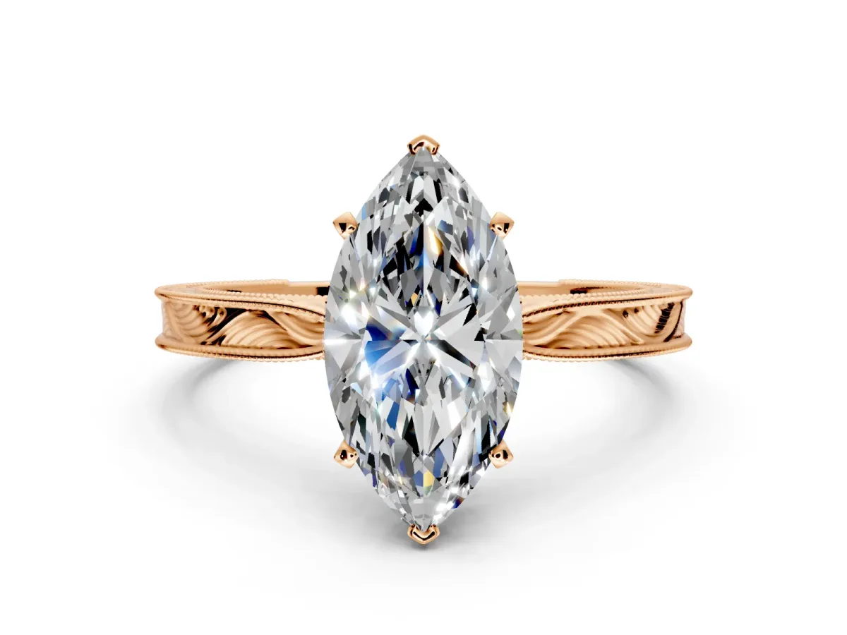 Solitaire Engagement Ring Setting for Marquise Center with Engraved Milgrain Band and Prong Head in Rose Gold