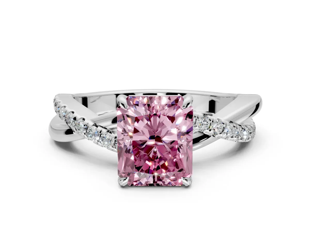 Crossover Engagement Ring Setting for Fancy Pink Radiant Cut Center with Pave and Plain Strands and Prong Head in Sterling Silver