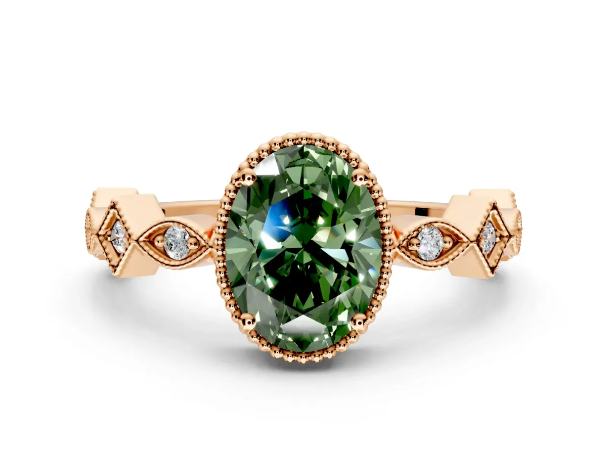 Milgrain Bezel Engagement Ring Setting for Fancy Green Oval Center with Marquise Stations and Bezel Head in Rose Gold