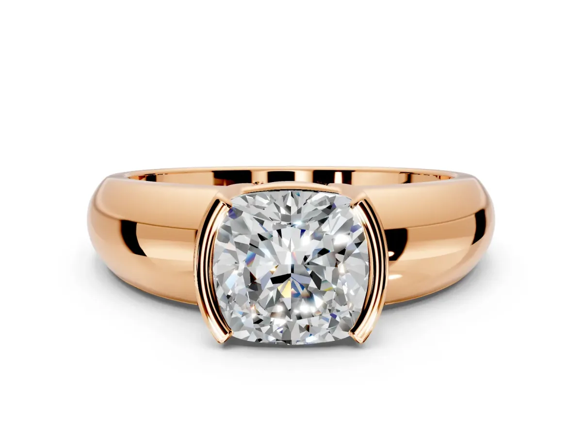 Tension Engagement Ring Setting for Cushion Cut Center with Wide Flat Band and Tension Head in Rose Gold