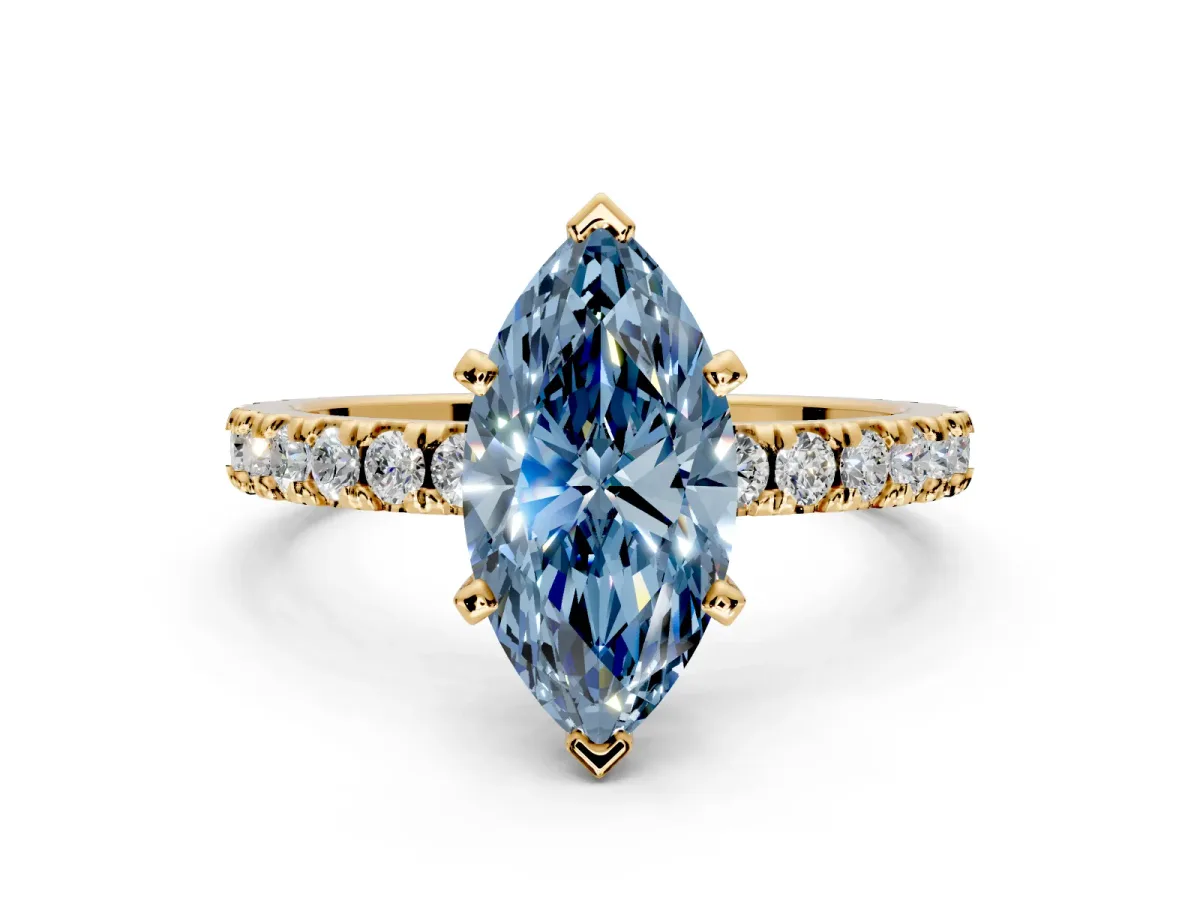 Solitaire Engagement Ring Setting for Fancy Blue Marquise Center with Fine Pave Band and Claw Prong Head in Yellow Gold