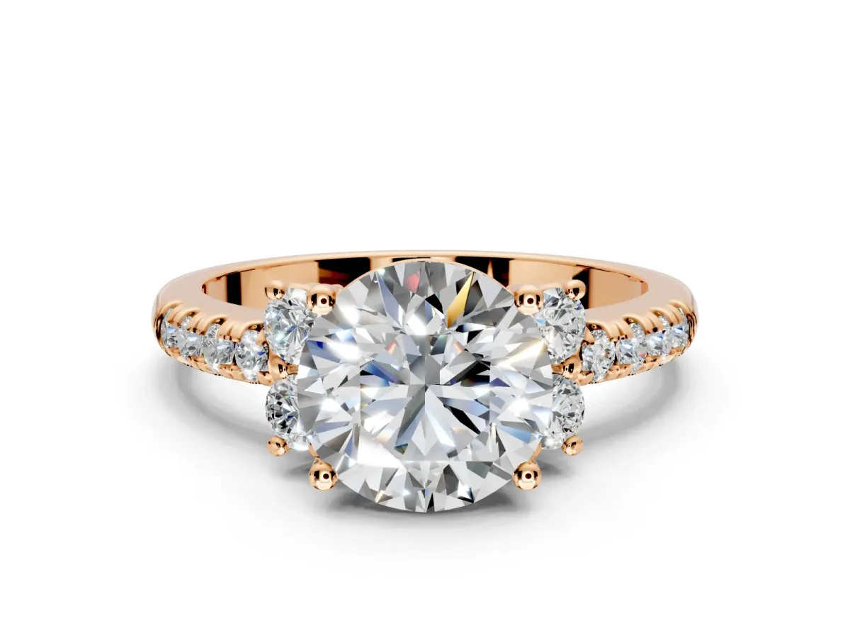 Paired Accent Engagement Ring Setting for Round Cut Center with Pave Band and Prong Head in Rose Gold