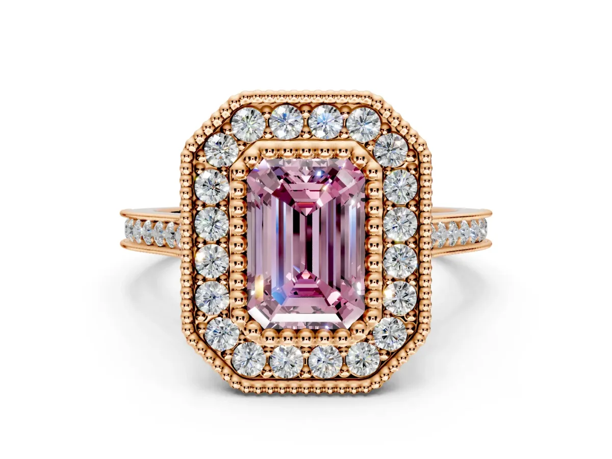 Halo Engagement Ring Setting for Fancy Pink Emerald Cut Center with Milgrain Frame, Pave Band and Prong Head in Rose Gold