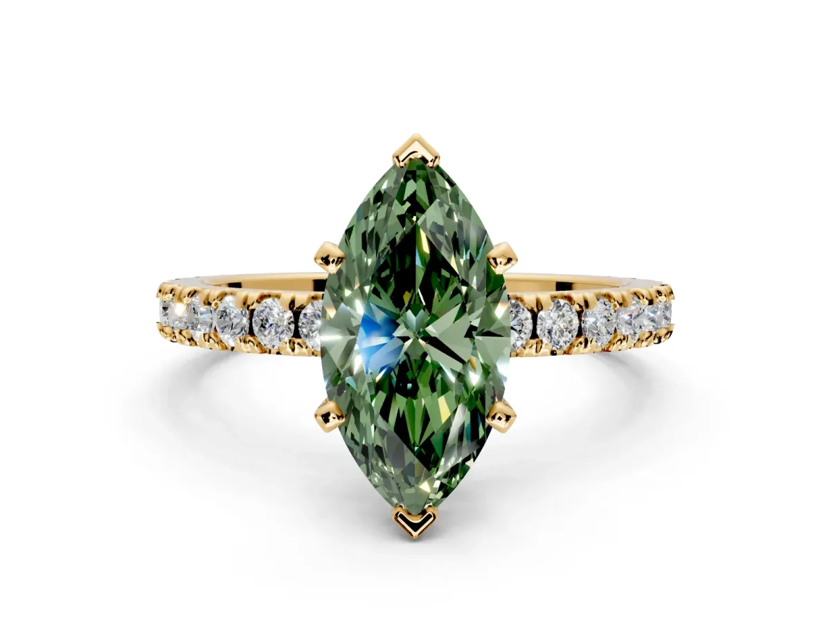 Solitaire Engagement Ring Setting for Fancy Green Marquise Center with Fine Pave Band and Claw Prong Head in Yellow Gold