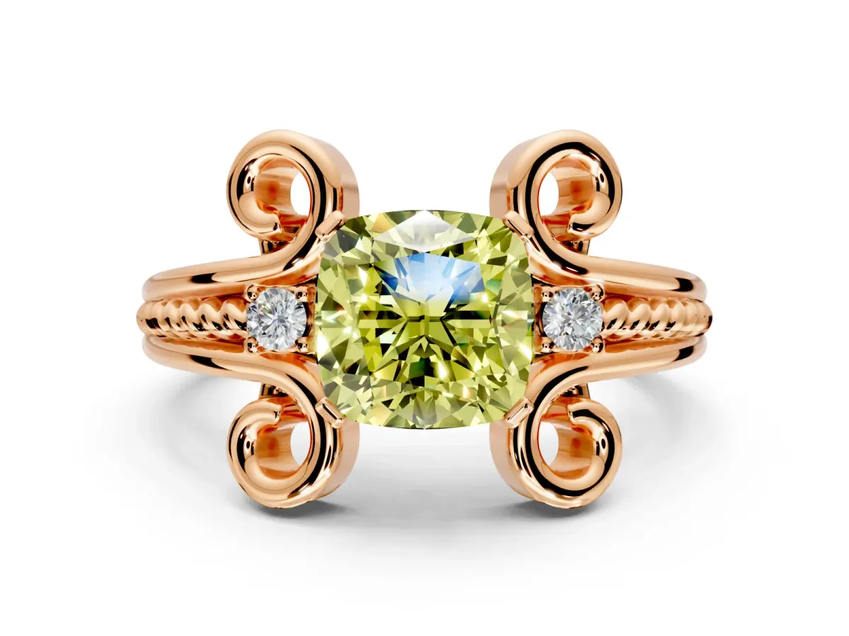 Solitaire Engagement Ring Setting for Fancy Yellow Cushion Cut Center with Twisted Band and Scroll Prong Head in Rose Gold