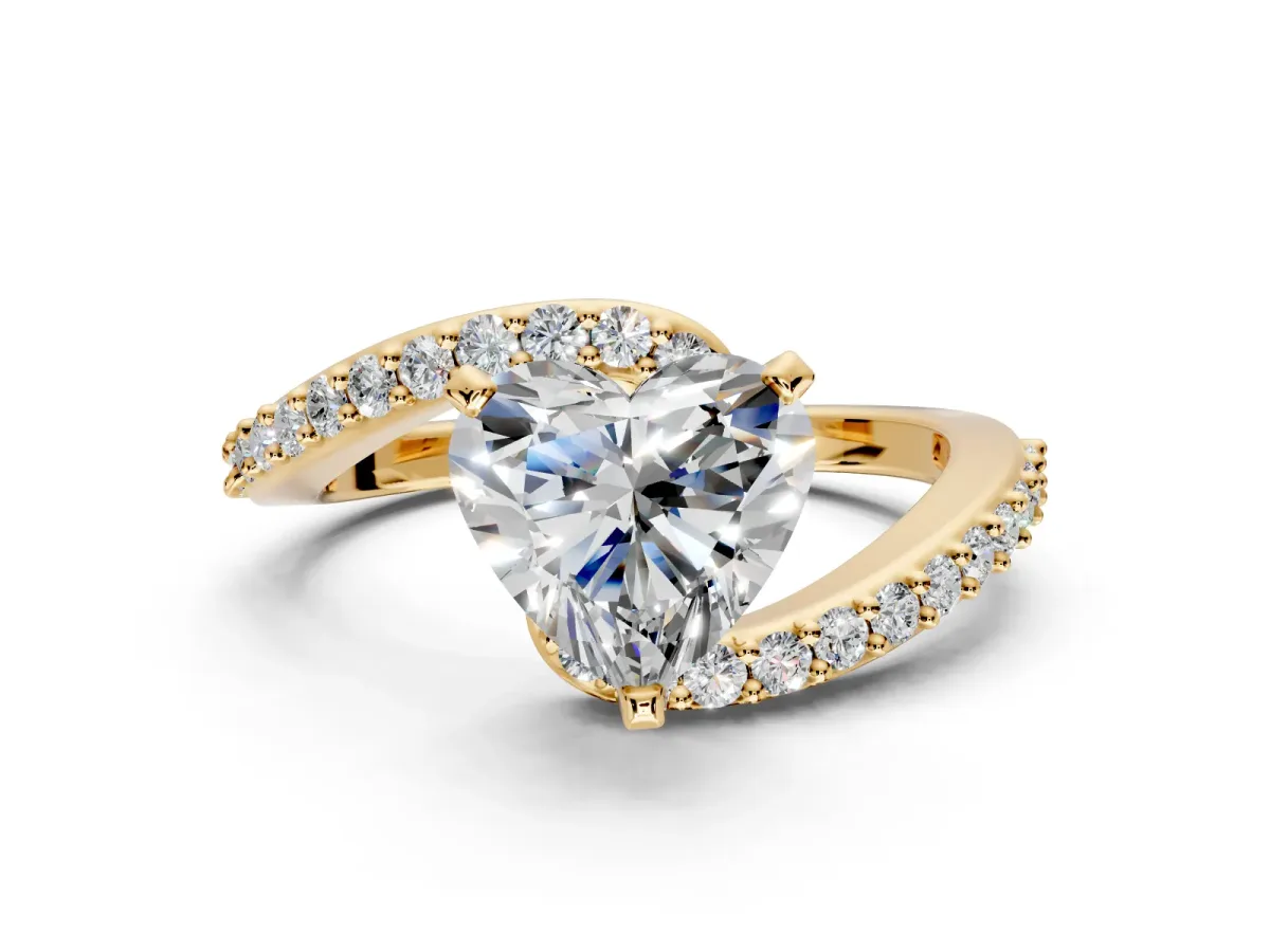 Solitaire Engagement Ring Setting for Heart-Shaped Center with Pave Bypass Swirl Band and Prong Head in Yellow Gold