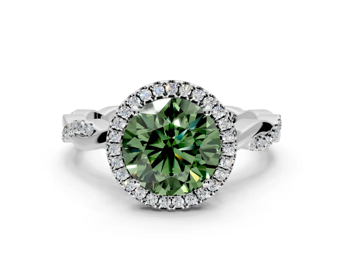 Halo Engagement Ring Setting for Fancy Green Round Cut Center with Pave and Plain Twist Band and Prong Head in Platinum