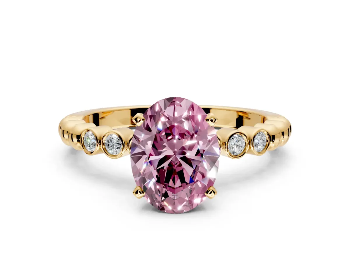Solitaire Engagement Ring Setting for Fancy Pink Oval Center with Bezel-Dot Beaded Band and Prong Head in Yellow Gold