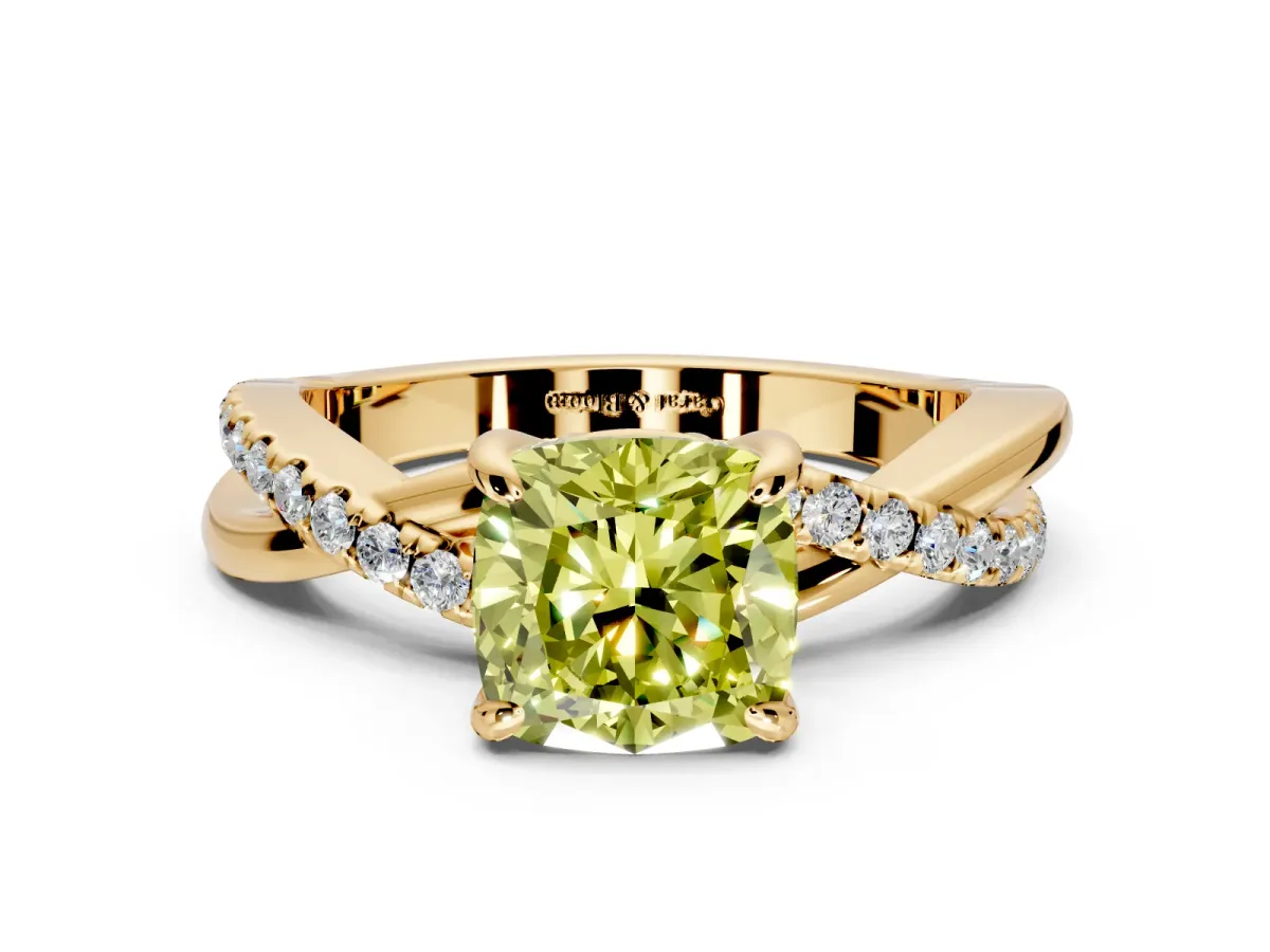 Solitaire Engagement Ring Setting for Fancy Yellow Cushion Cut Center with Half-Pave Crossover Band and Prong Head in Yellow Gold
