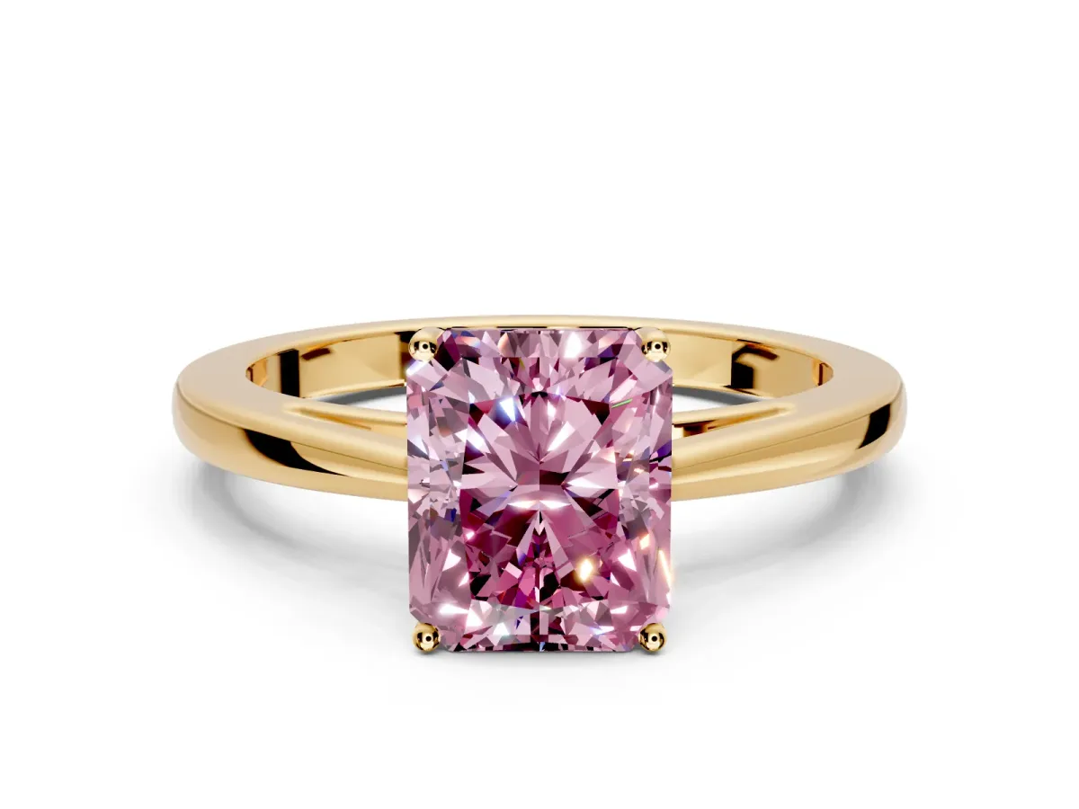 Solitaire Engagement Ring Setting for Fancy Pink Radiant Cut Center with Open Cathedral Shoulders and Prong Head in Yellow Gold