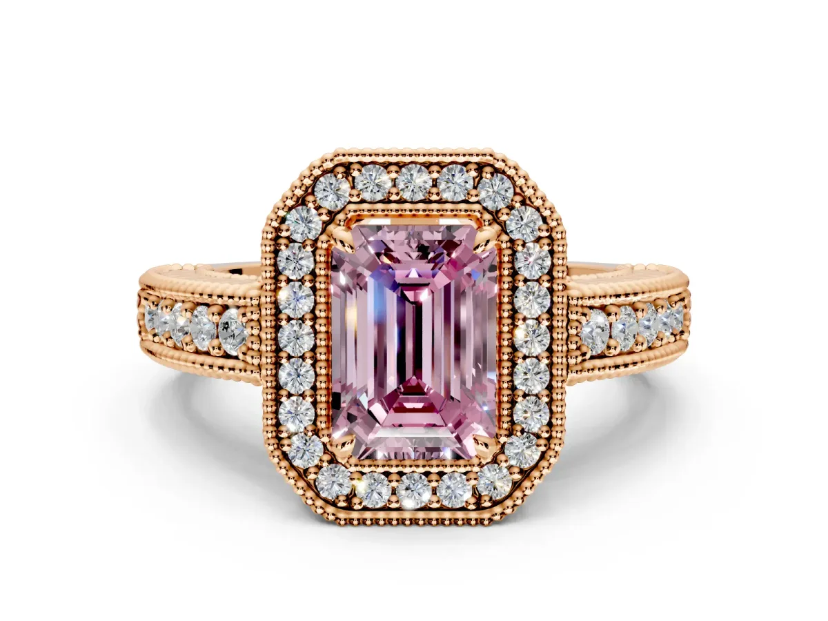 Milgrain Halo Engagement Ring Setting for Fancy Pink Emerald Cut Center with Pave Band and Prong Head in Rose Gold