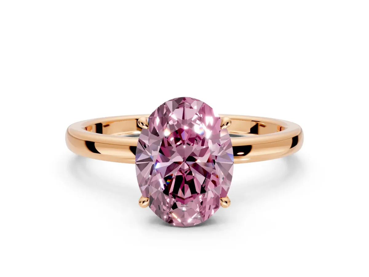 Hidden Halo Engagement Ring Setting for Fancy Pink Oval Center with Plain Band and Tall Prong Head in Rose Gold