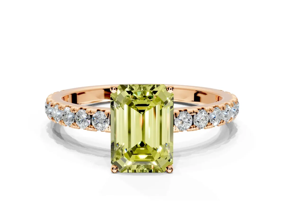Solitaire Engagement Ring Setting for Fancy Yellow Emerald Cut Center with Large Accent Band and Prong Head in Rose Gold