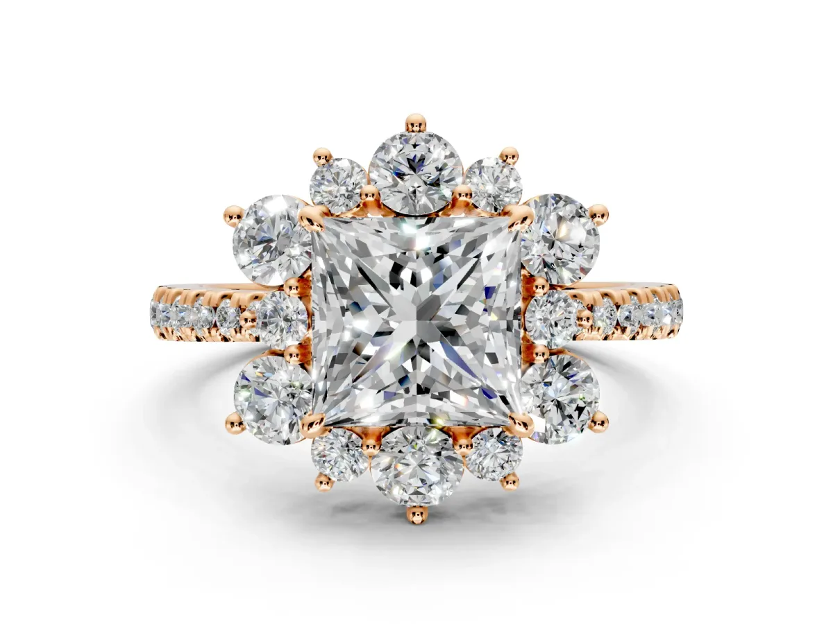 Floral Halo Engagement Ring Setting for Princess Cut Center with Pave Accents and Prong Head in Rose Gold