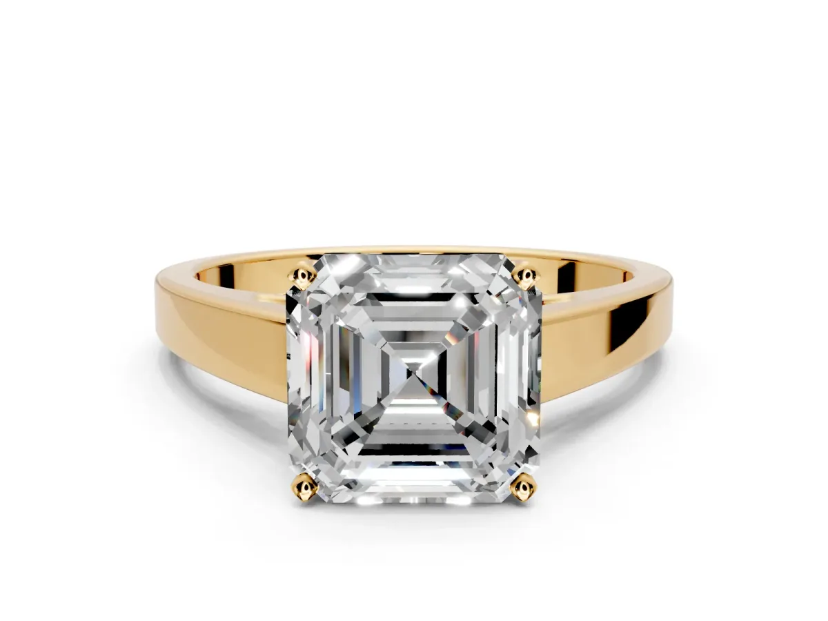 Solitaire Engagement Ring Setting for Asscher Cut Center with Tapered Split Shoulders and Prong Head in Yellow Gold