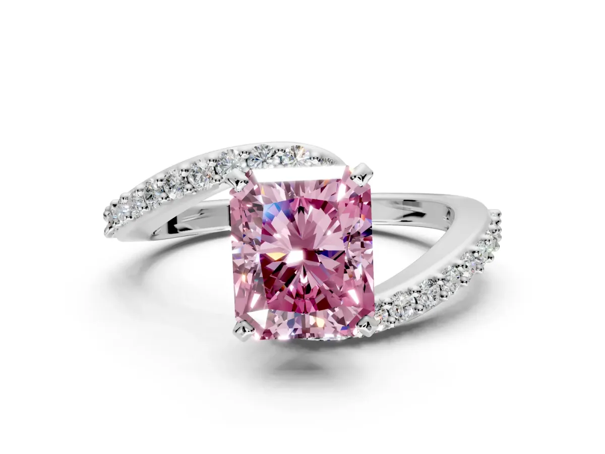 Solitaire Engagement Ring Setting for Fancy Pink Radiant Cut Center with Pave Bypass Swirl Band and Prong Head in Platinum