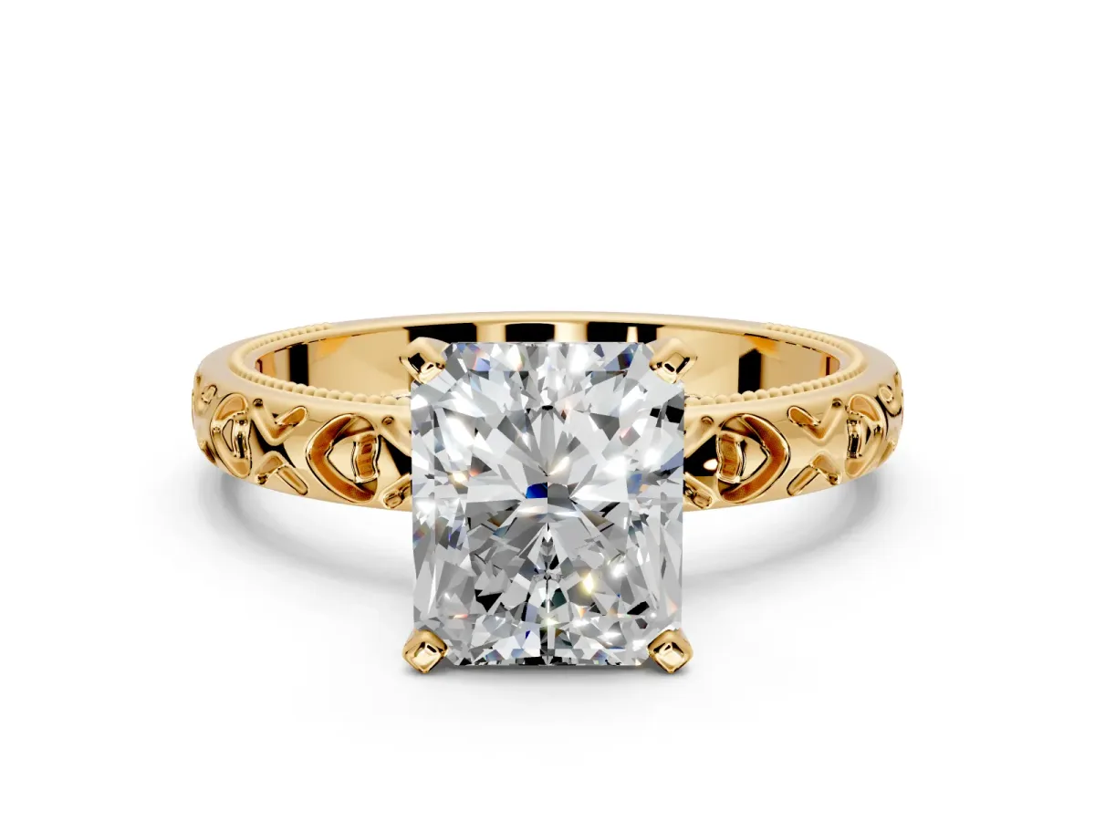 Solitaire Engagement Ring Setting for Radiant Cut Center with XO Engraved Band and Prong Head in Yellow Gold