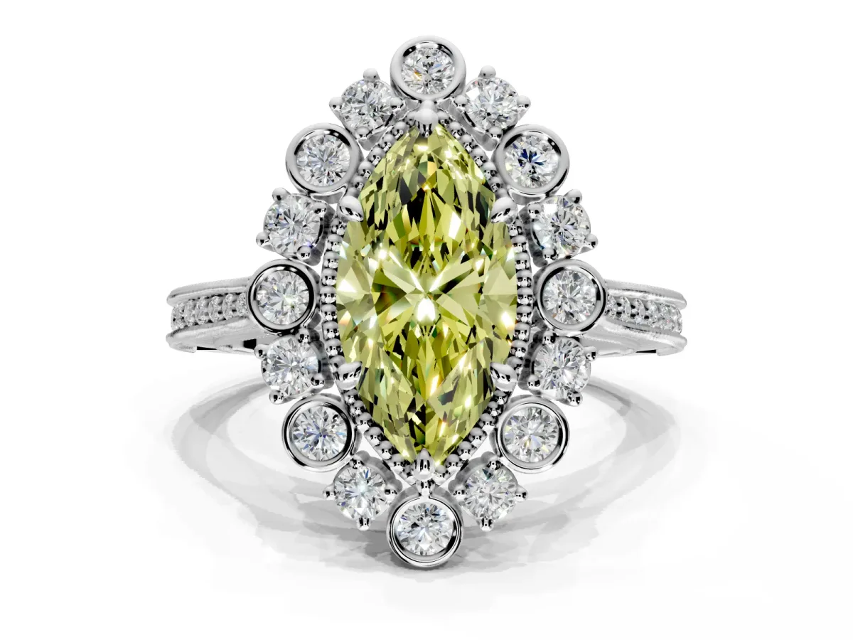 Milgrain Halo Engagement Ring Setting for Fancy Yellow Marquise Center with Bezel Point Accents and Prong Head in Platinum