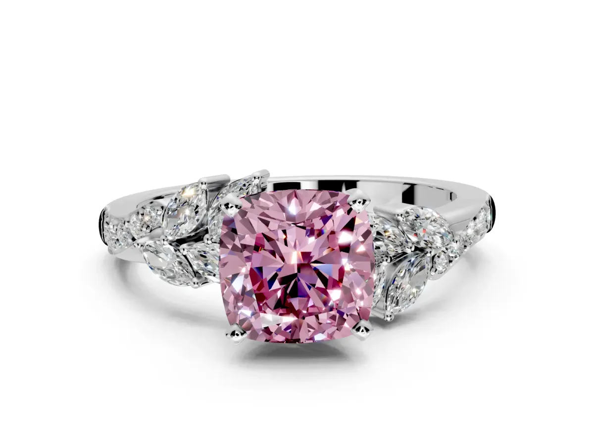 Solitaire Engagement Ring Setting for Fancy Pink Cushion Cut Center with Marquise Accent Twist Band and Prong Head in White Gold