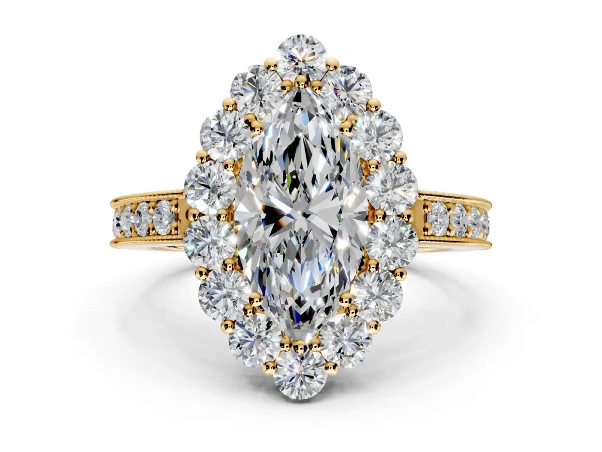 Halo Engagement Ring Setting for Marquise Center with Milgrain Channel Band and Prong Head in Yellow Gold