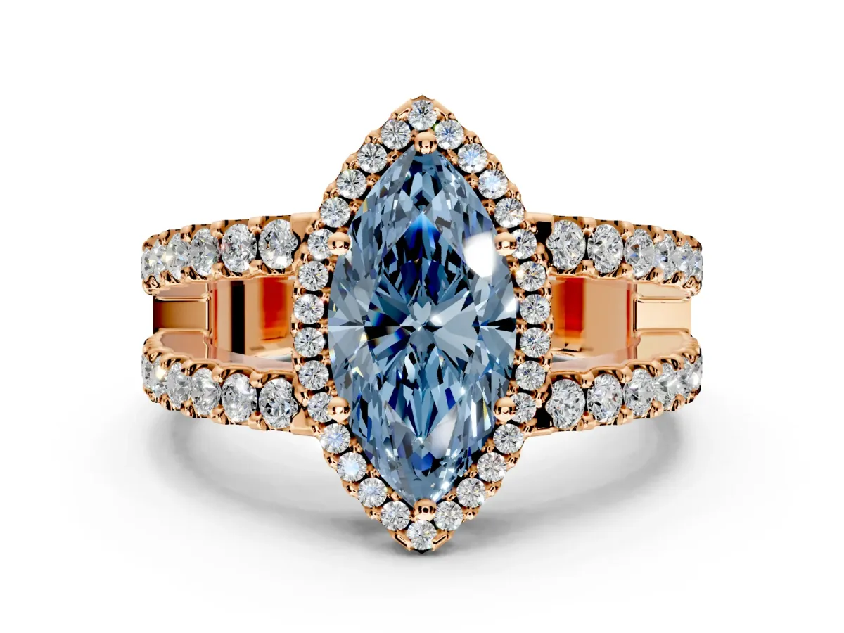 Halo Engagement Ring Setting for Fancy Blue Marquise Center with Wide-Open Pave Split Shank and Prong Head in Rose Gold