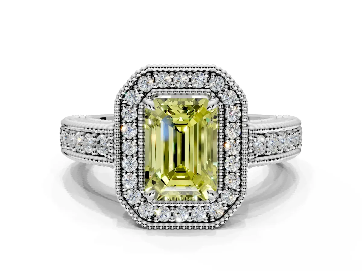 Milgrain Halo Engagement Ring Setting for Fancy Yellow Emerald Cut Center with Pave Band and Prong Head in White Gold