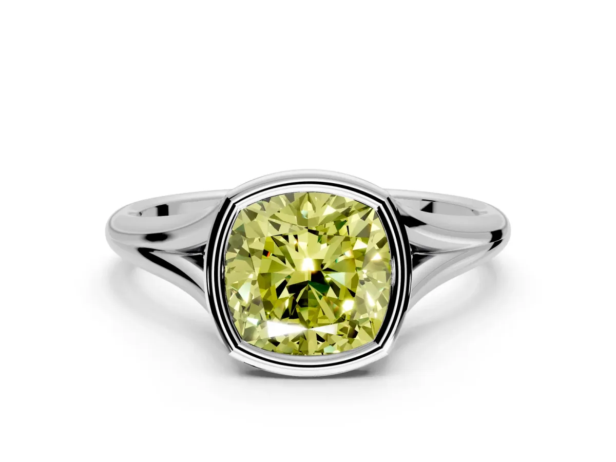 Solitaire Engagement Ring Setting for Fancy Yellow Cushion Cut Center with V Split Shank and Bezel Head in Sterling Silver