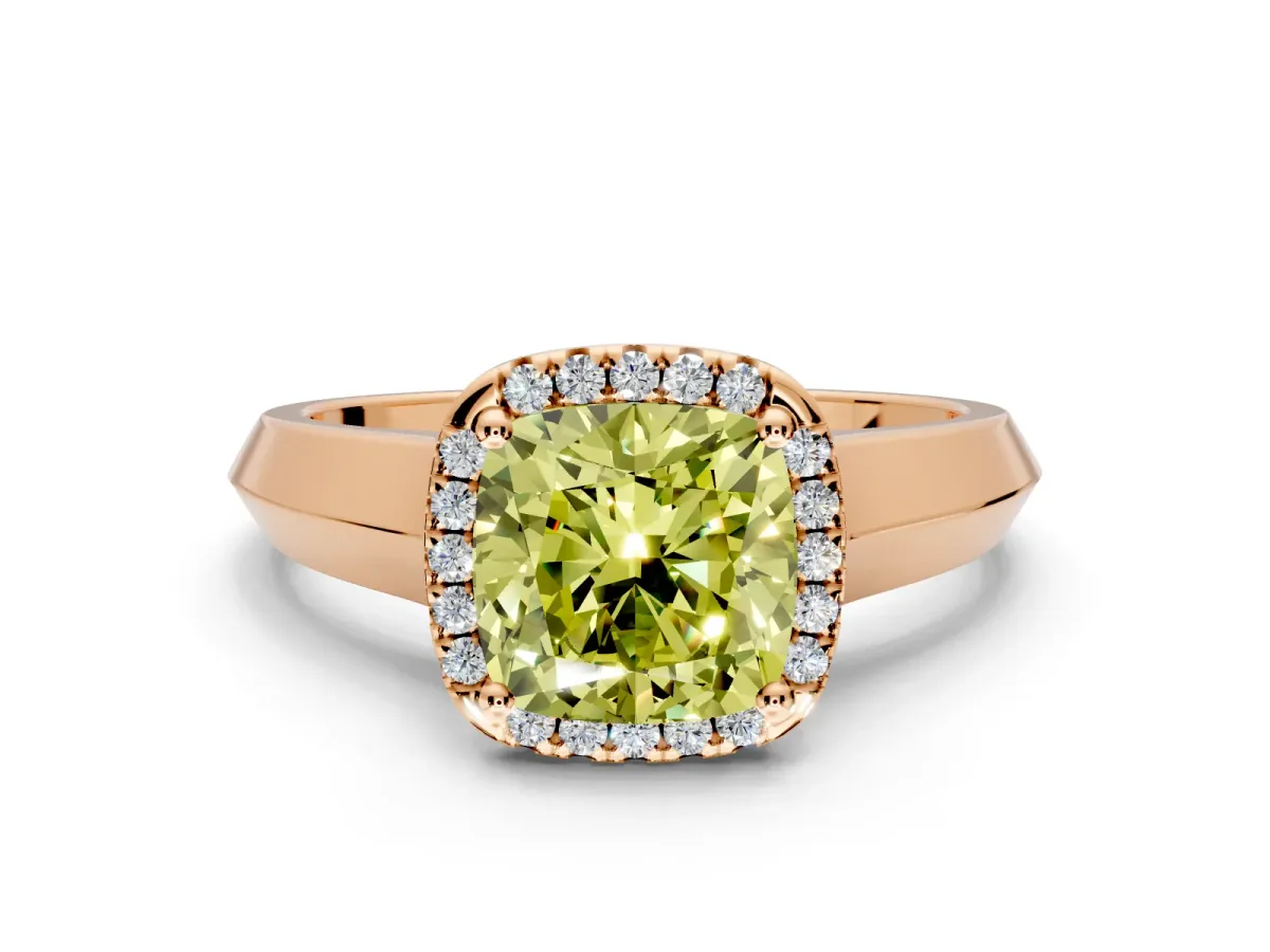 Halo Engagement Ring Setting for Fancy Yellow Cushion Cut Center with Knife Ridge Cathedral Band and Prong Head in Rose Gold