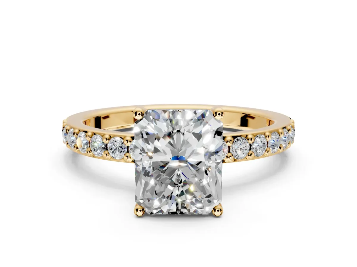 Solitaire Engagement Ring Setting for Radiant Cut Center with Round Cut Pave Band and Prong Head in Yellow Gold