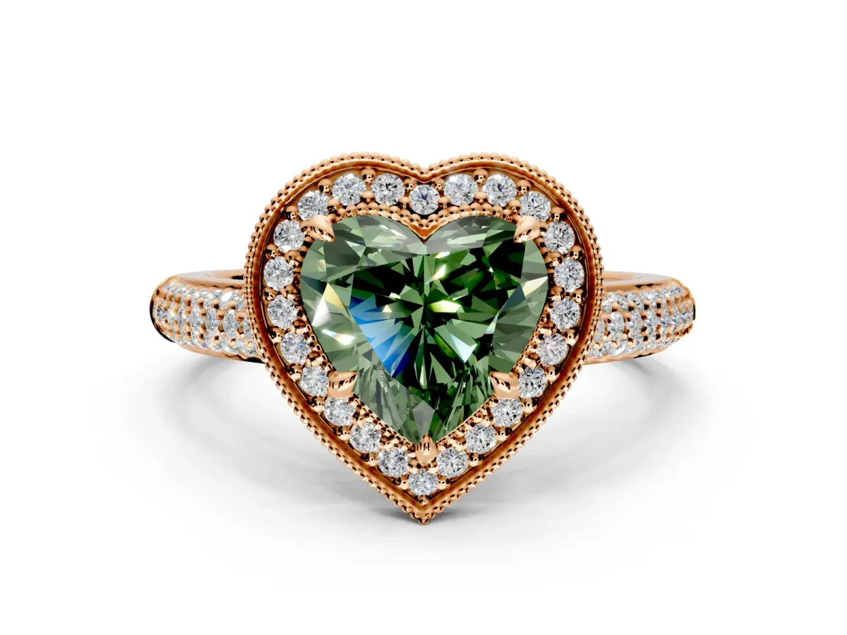 Milgrain Halo Engagement Ring Setting for Fancy Green Heart-Shaped Center with Three-Sided Pave Band and Prong Head in Rose Gold