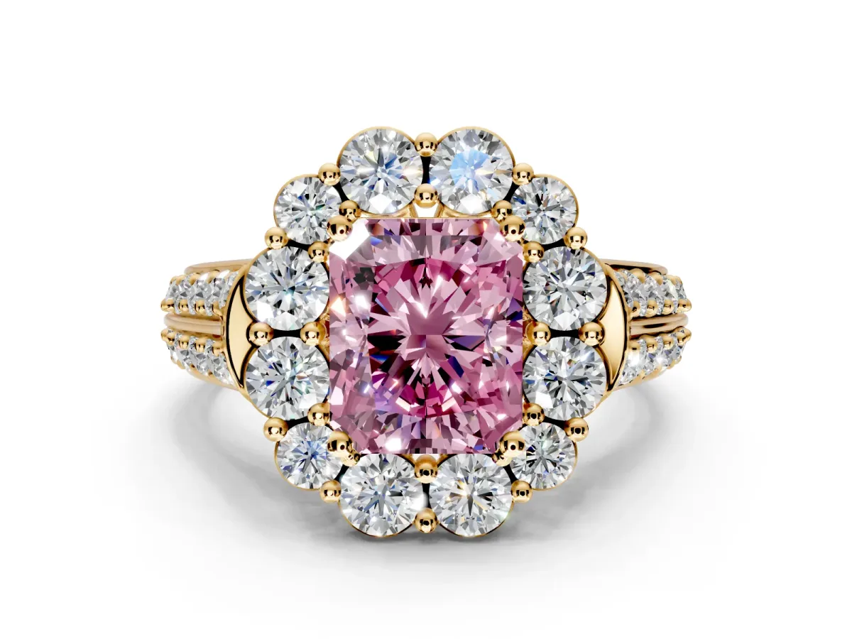 Large Accent Halo Engagement Ring Setting for Fancy Pink Radiant Cut Center with Pave Split Shank and Prong Head in Yellow Gold