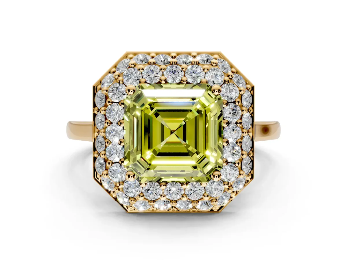 Halo Engagement Ring Setting for Fancy Yellow Asscher Cut Center with Plain Tapered Band and Prong Head in Yellow Gold