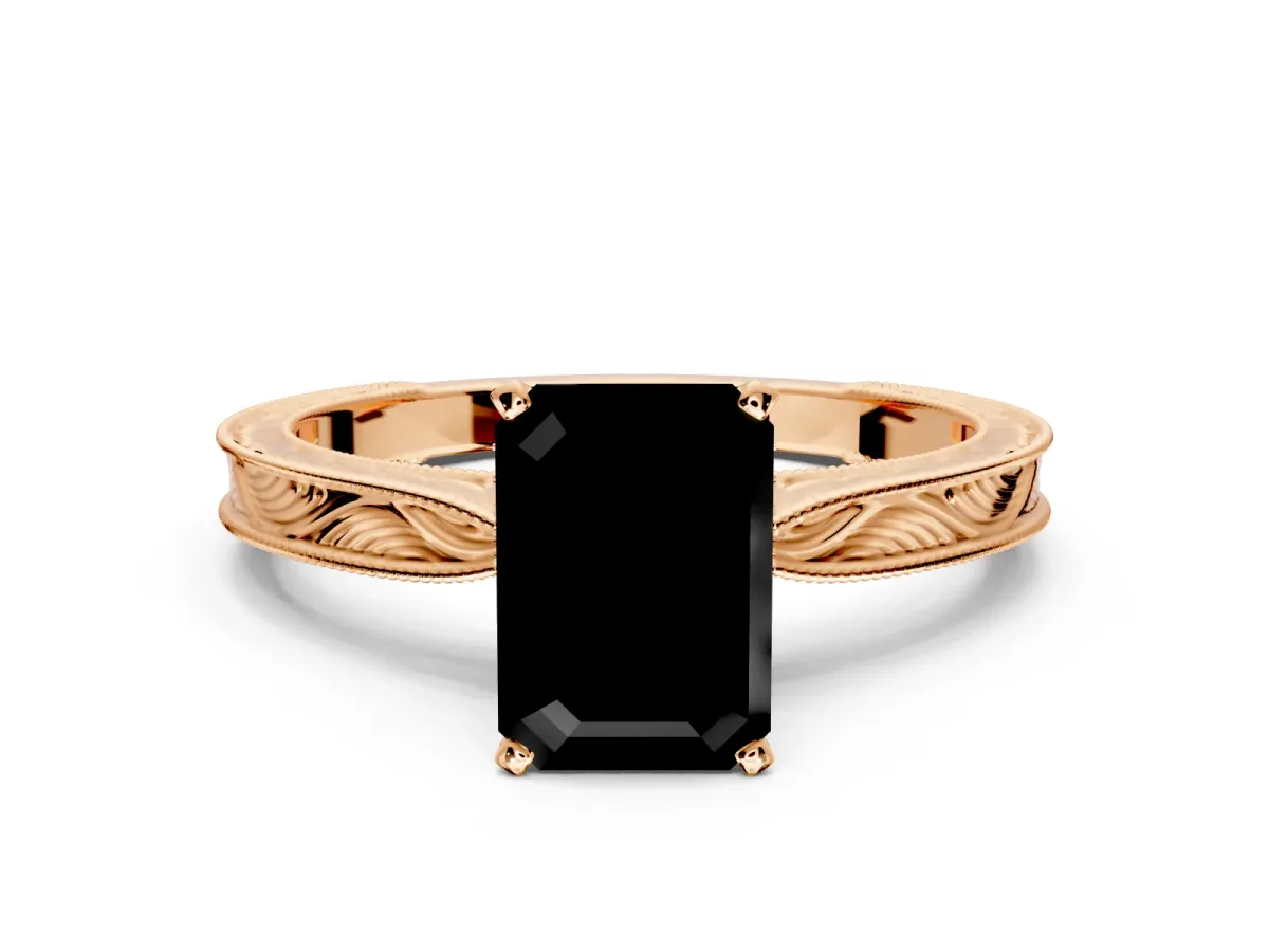 Solitaire Engagement Ring Setting for Fancy Black Emerald Cut Center with Engraved Milgrain Band and Prong Head in Rose Gold