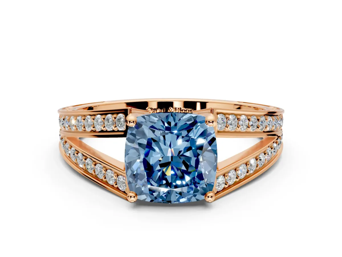 Split Shank Engagement Ring Setting for Fancy Blue Cushion Cut Center with Pave Split Shank and Prong Head in Rose Gold