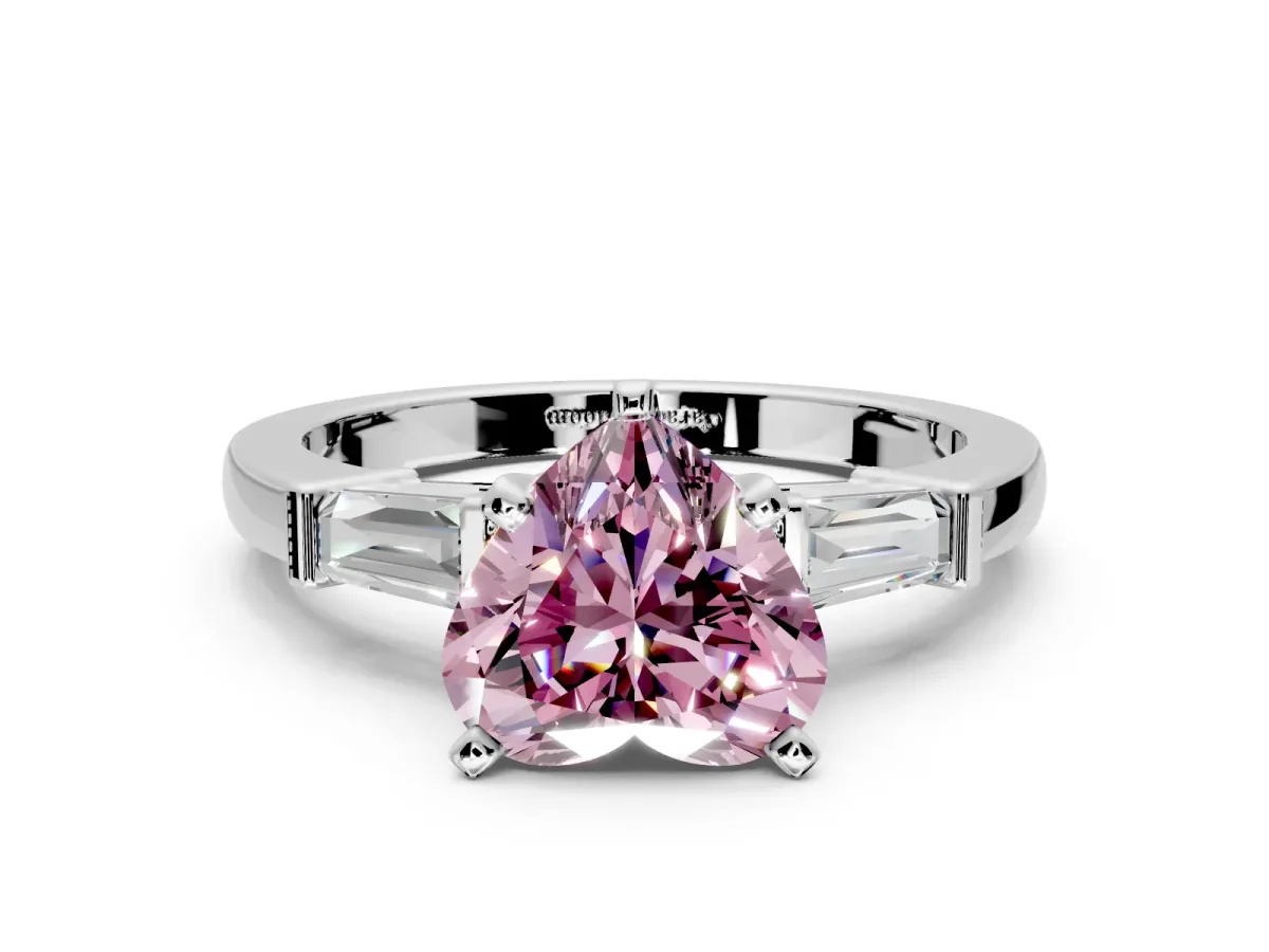 3 Stone Engagement Ring Setting for Fancy Pink Heart-Shaped Center with Channel Baguette Accents and Prong Head in Platinum