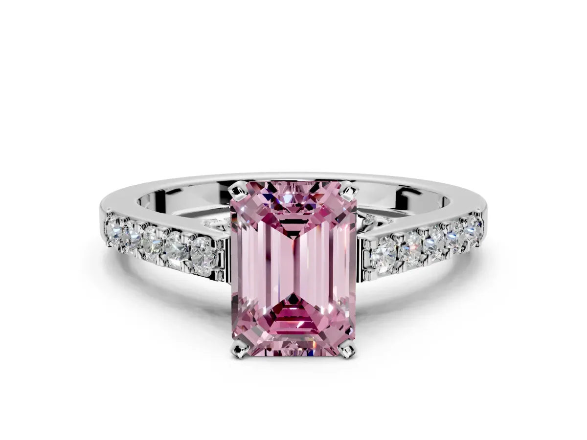 Solitaire Engagement Ring Setting for Fancy Pink Emerald Cut Center with Crossover Accents and Prong Head in Sterling Silver