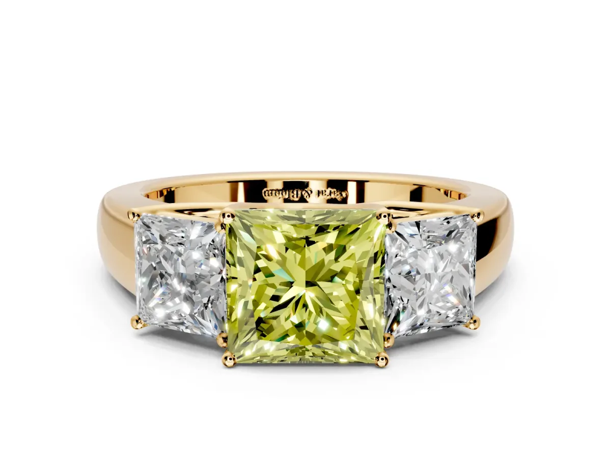3 Stone Engagement Ring Setting for Fancy Yellow Princess Cut Center with Raised Basket Heads and Prong Head in Yellow Gold