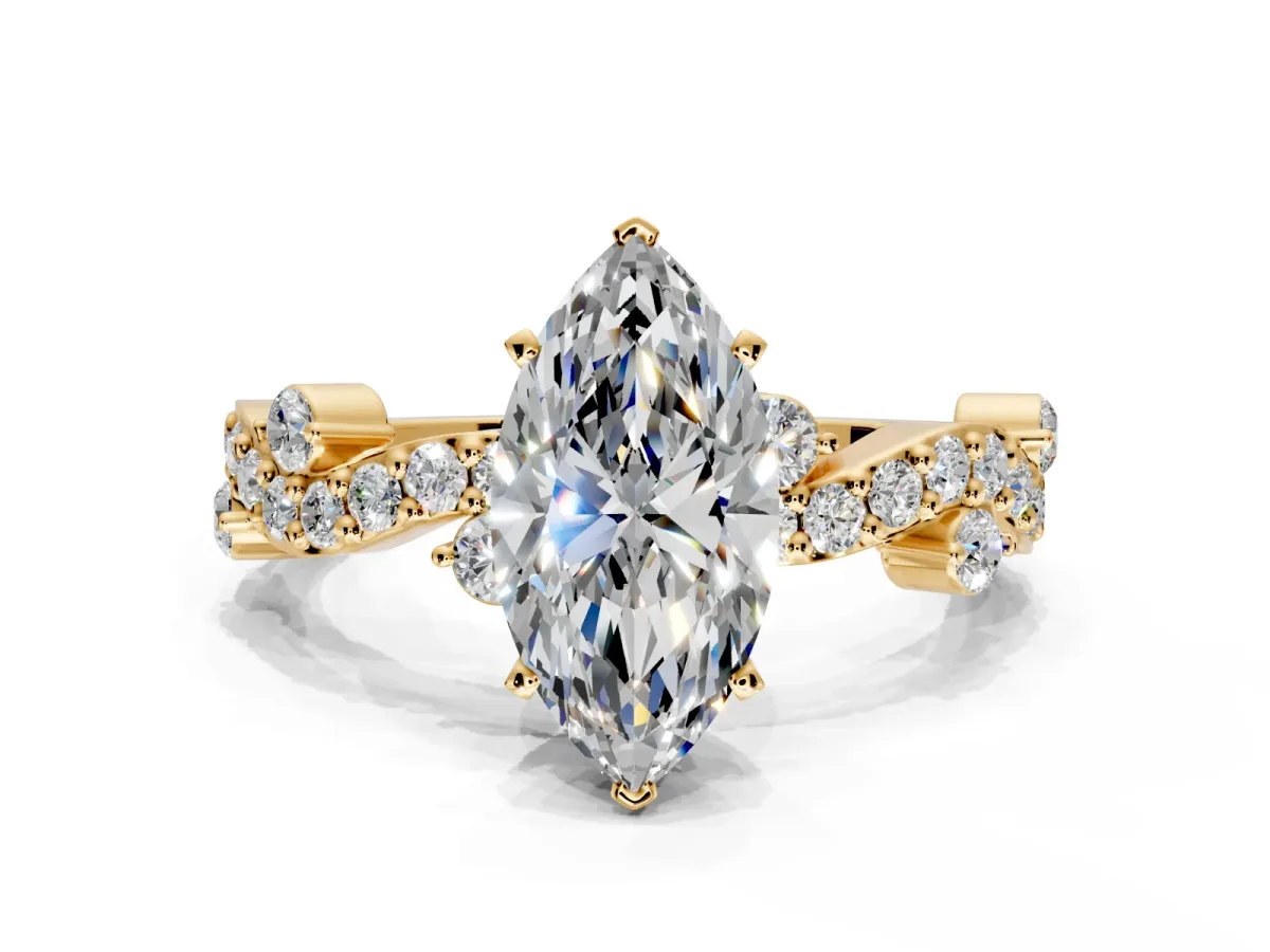 Solitaire Engagement Ring Setting for Marquise Center with Bar-Station Pave Twist and Prong Head in Yellow Gold