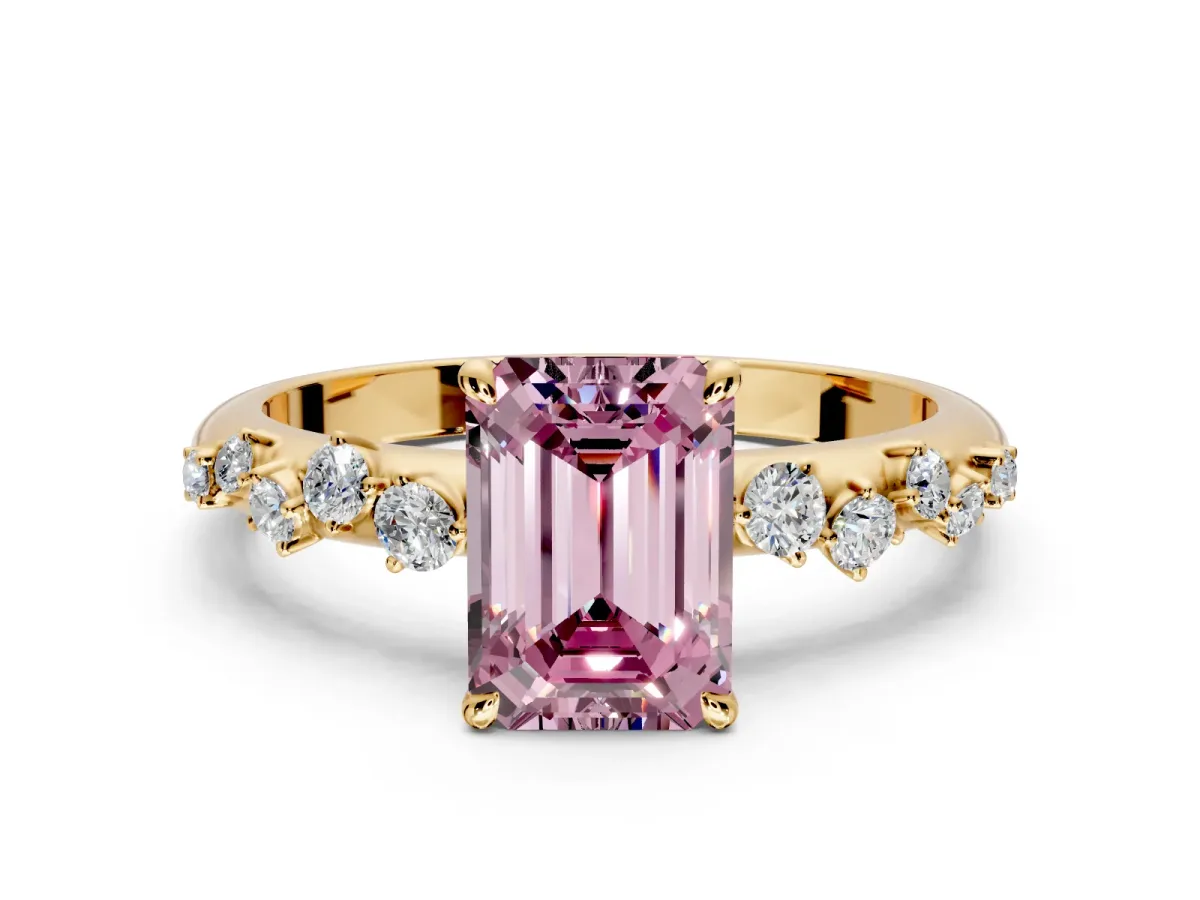 Cluster Engagement Ring Setting for Fancy Pink Emerald Cut Center with Round Cut Accent Band and Prong Head in Yellow Gold